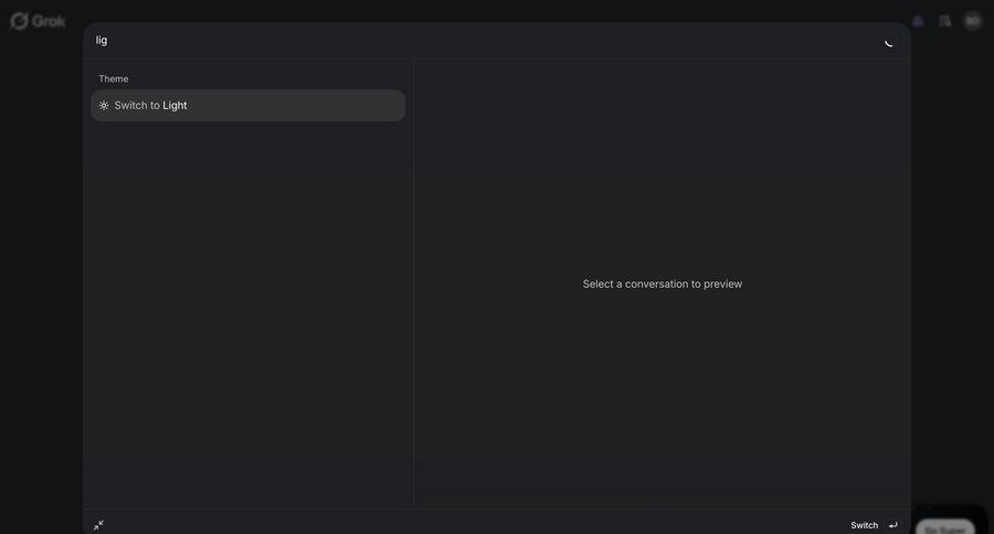 Grok
			 settings dark theme sidebar conversational ui page example