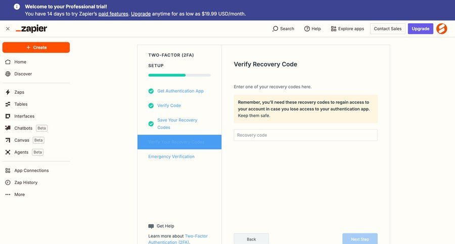 Zapier
			settings form verification account settings form account settings authentication full-screen layout sidebar security ui page example