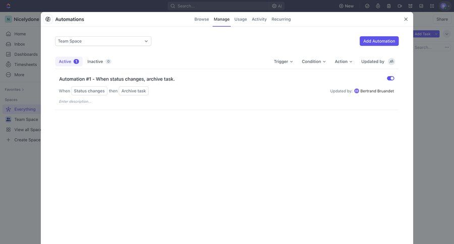 ClickUp
			 task management project management workflow automation automation setup dropdown filters modern ui page example