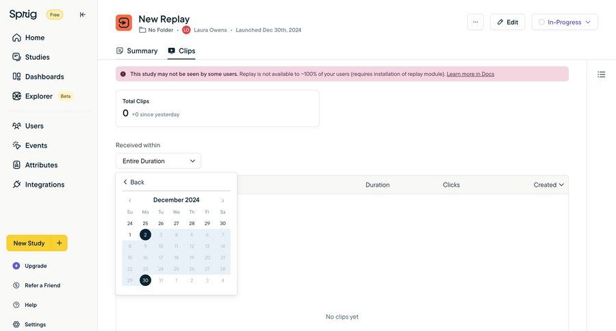 Sprig
			 sidebar navigation user research data analysis data filtering dropdown filters sidebar alert product details detail view item details date picker info view menu data visualization table date filter ui page example