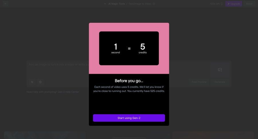 Runway
			 artificial intelligence onboarding credits call to action ui page example