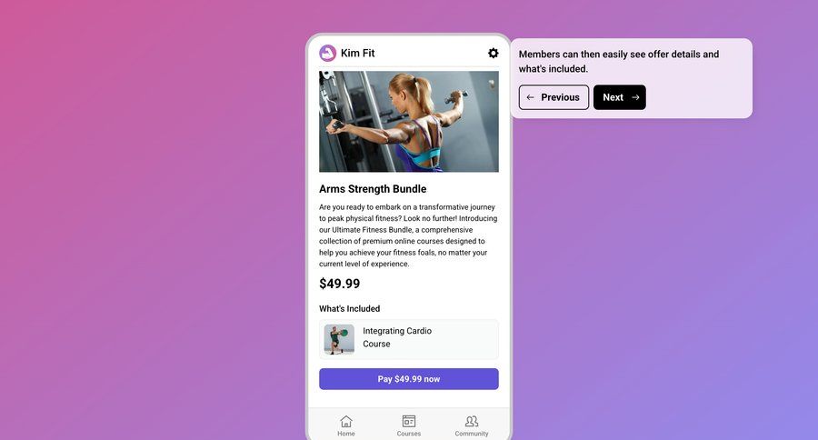 Kajabi
			 modal screen e-commerce product discovery rounded corners information page detail view info view price fitness modern ui page example