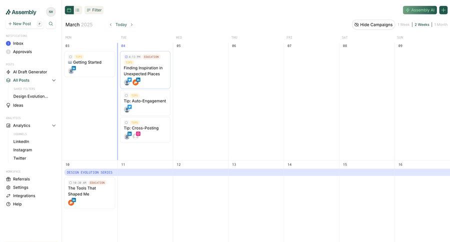 Assembly
			 content management sidebar navigation grid calendar screen content scheduling sidebar personal space menu tips analytics ui page example