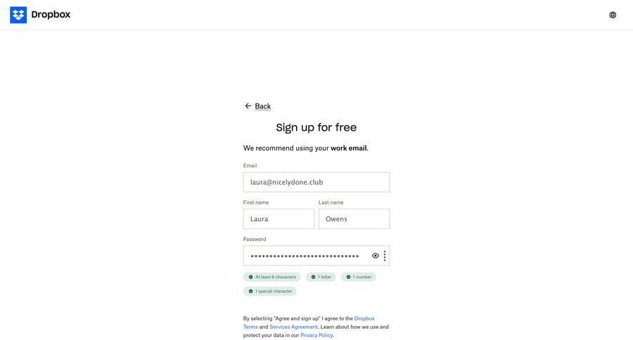 Dropbox
				signup page example