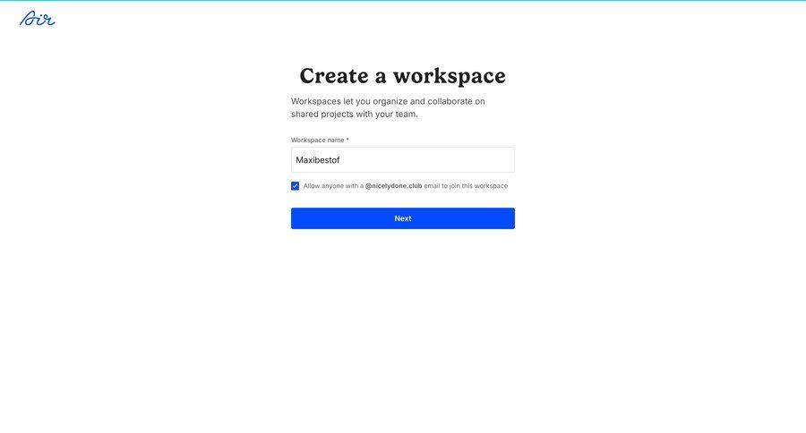 Air
			 collaboration project management onboarding form workspace creation create ui page example