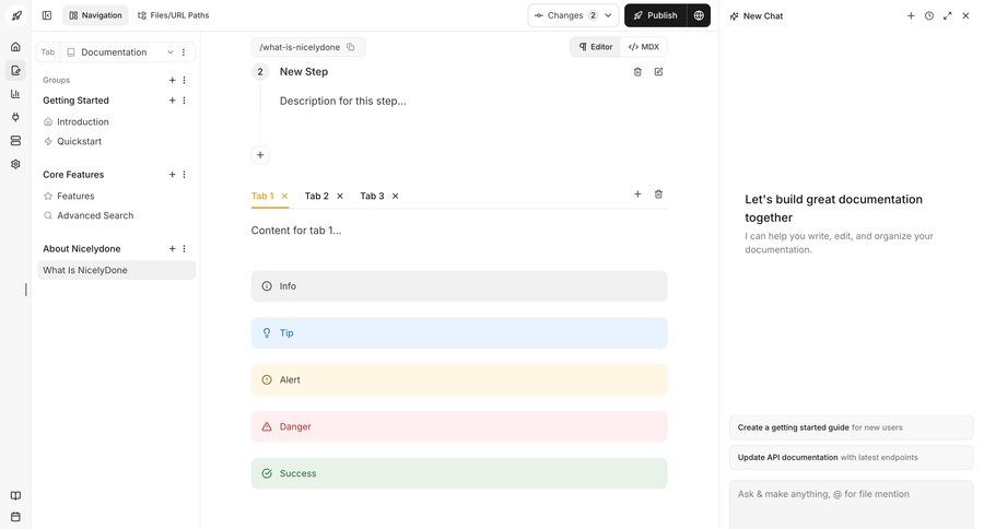 Documentation.AI
			 content management sidebar navigation editor hierarchical navigation sidebar alert chat navigation bar documentation version control ui page example