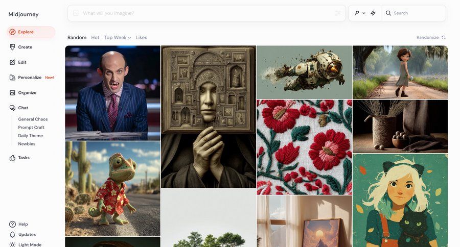 Midjourney
			 artificial intelligence grid design content discovery navigation menu image gallery search bar ui page example