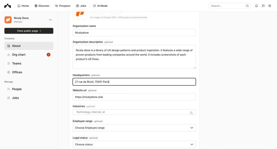 The org
			 sidebar navigation form profile settings form layout profile management save changes data entry profile creation ui page example