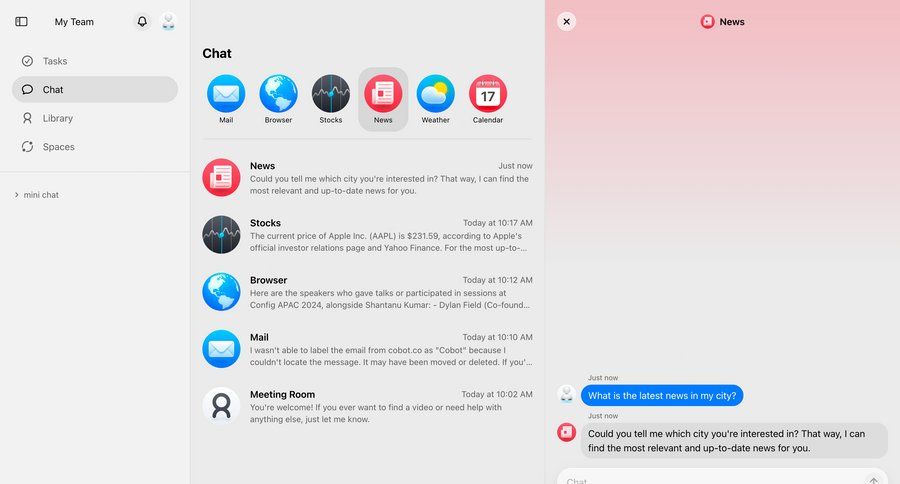 Cobot
			 sidebar navigation content hierarchy conversational interface message communication chat menu chat interface ui page example