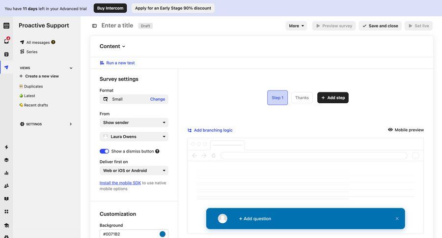 Intercom
			 configuration settings form user research sidebar create modern duplicate ui page example