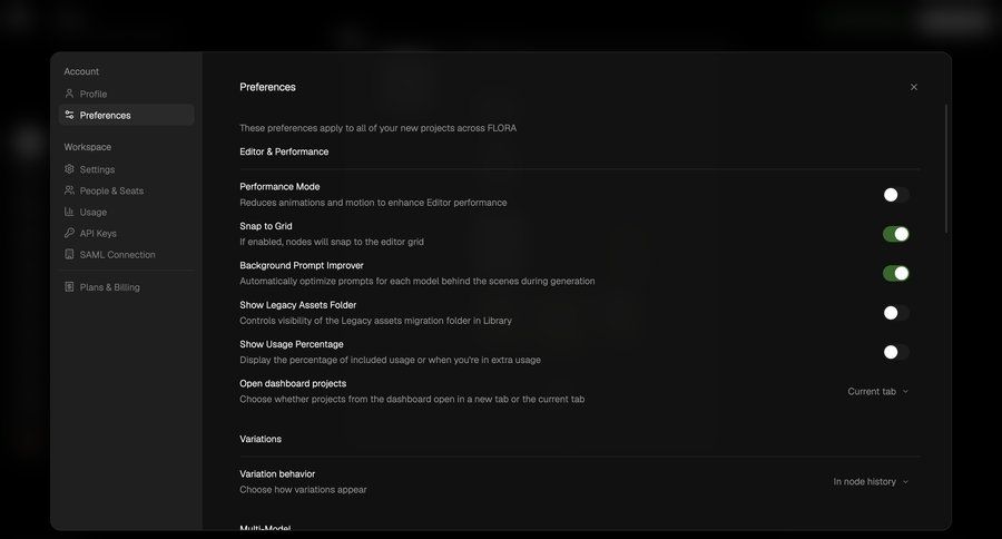 Flora
			 configuration settings project management modal dialog account settings dark theme hierarchical navigation sidebar preferences modern settings modal ui page example