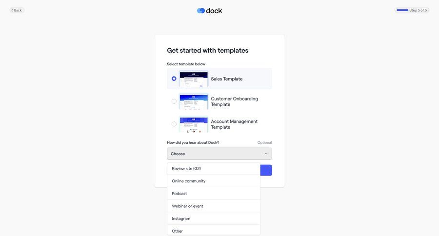 Dock
			dropdown & other states signup onboarding templates template selection b2b saas ui page example