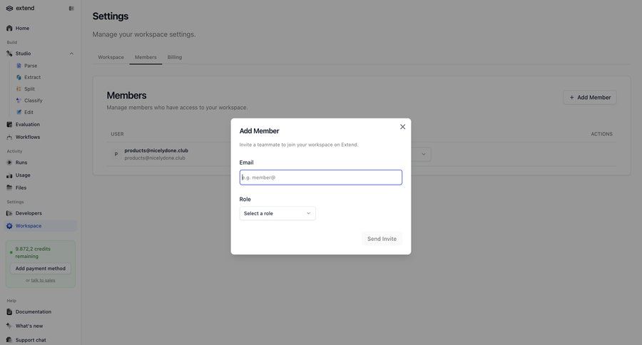 Extend
			settings list modal & popover team settings invite teammate access control user management workspace settings ui page example
