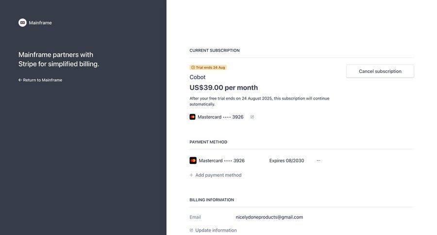 Cobot
			settings billing account settings settings account management subscription management payment method ui page example