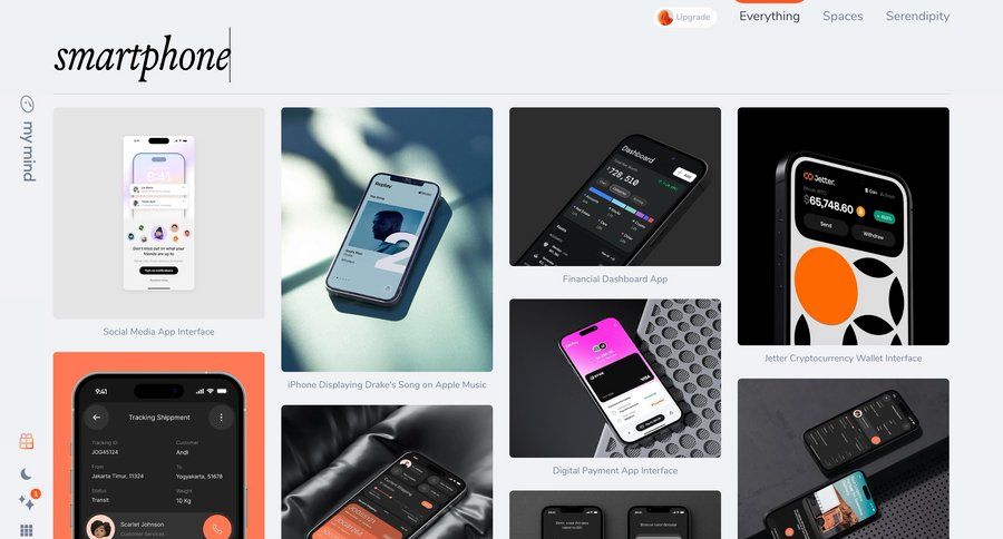 Mymind
			 grid design call recording sidebar image gallery media gallery photo gallery mobile media assets dark ui modern data grid order tracking ui page example