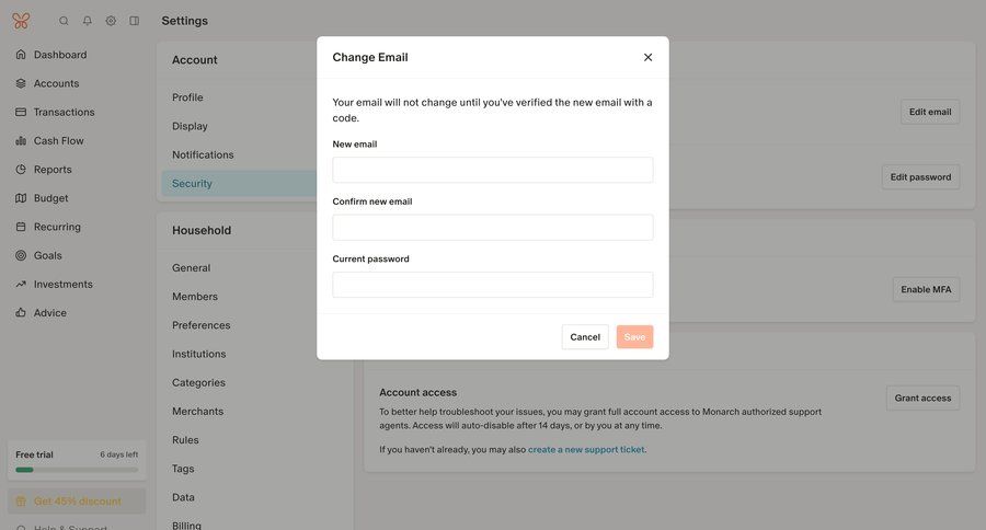 Monarch
			 settings sidebar navigation account management form account setup finance modal dialog account settings full-screen layout save changes cancel trial sidebar security cancel changes ui page example