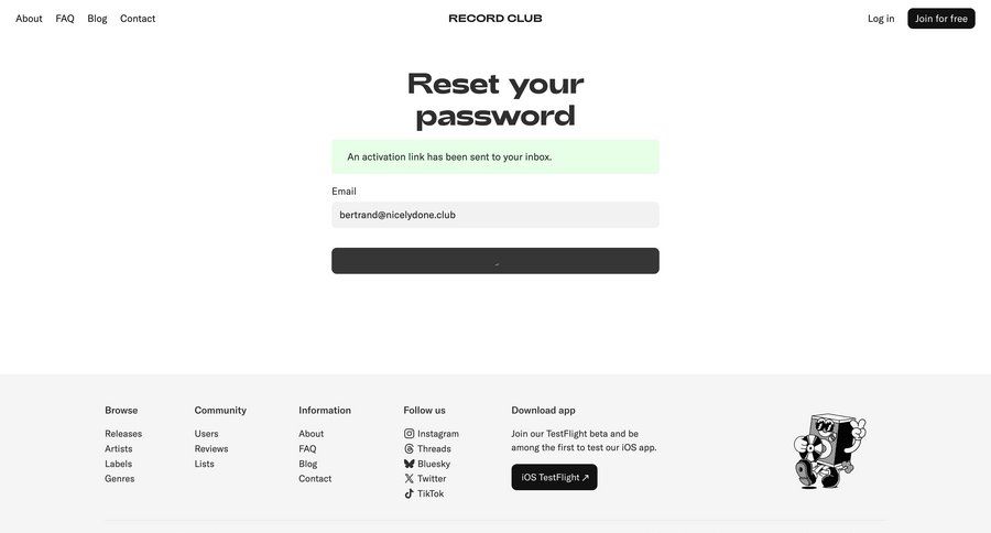 Record club
			 account management form authentication login connection auth signin message login page email confirmation confirmation message ui page example