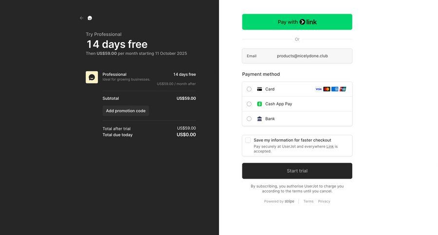 UserJot
			checkout onboarding form plans & pricing (in app) e-commerce form subscription management payment method checkout screen ui page example