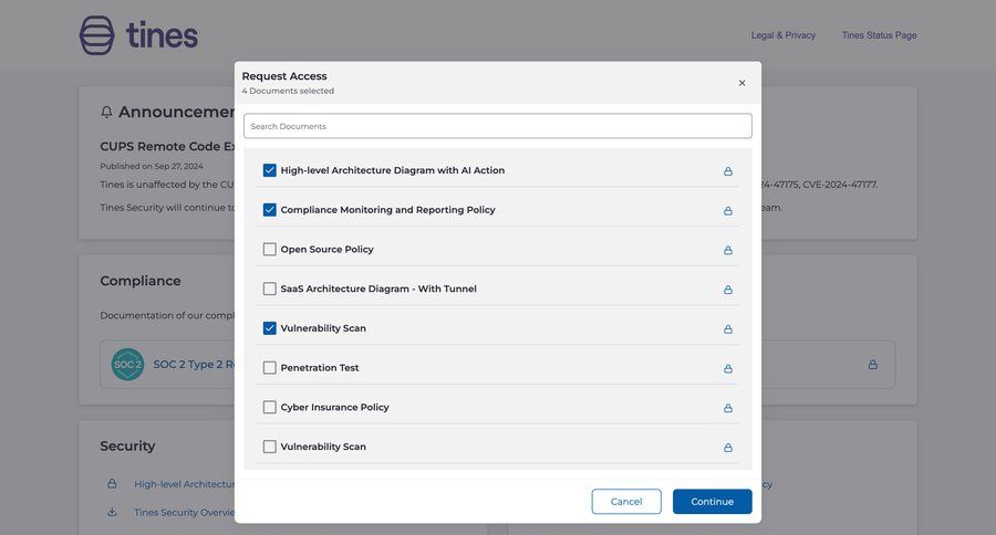 Tines
			modal & popover request access document list ui page example