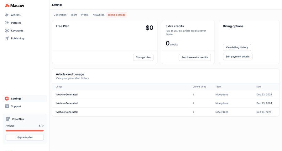 Macaw
			 settings account management free plan payment history billing history sidebar progress bar table pay bill ui page example
