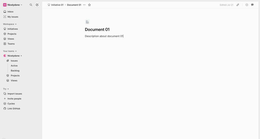 Linear
			 task management sidebar navigation project management document editing document management project tracking document creation document list sidebar ui page example
