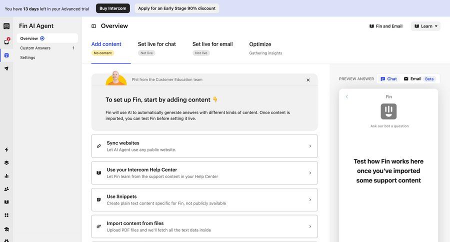 Intercom
			 content management configuration sidebar navigation artificial intelligence onboarding preview panel sidebar setup modern crm dashboard connect service contextual help ui page example