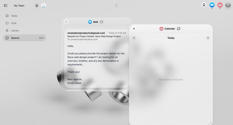 Cobot
			 dashboard sidebar navigation minimalist design calendar events email calendar screen ui page example
