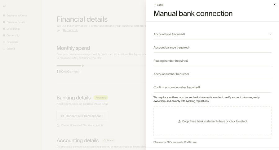 Ramp
			 modal screen form account setup finance fintech file upload upload image file upload modal setup on boarding file uploader upload file upload media upload documents check out ui page example