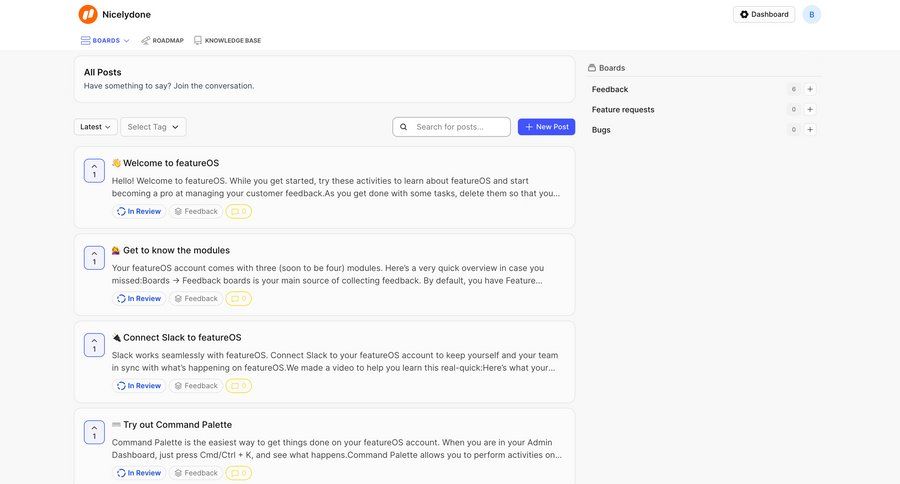 FeatureOS
			 sidebar navigation grid onboarding user feedback customer portal ui page example