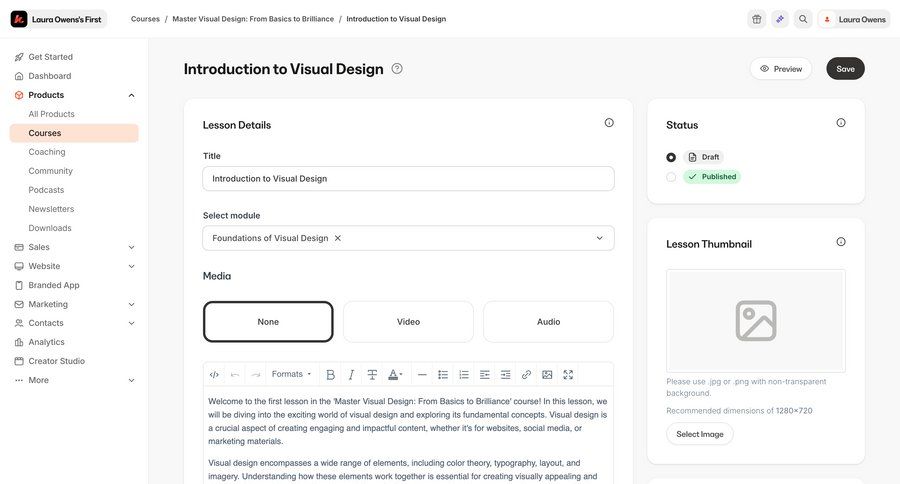 Kajabi
			 content management sidebar navigation form file upload save changes course creation typography sidebar create upload file modern dashboard layouts rich text ui page example