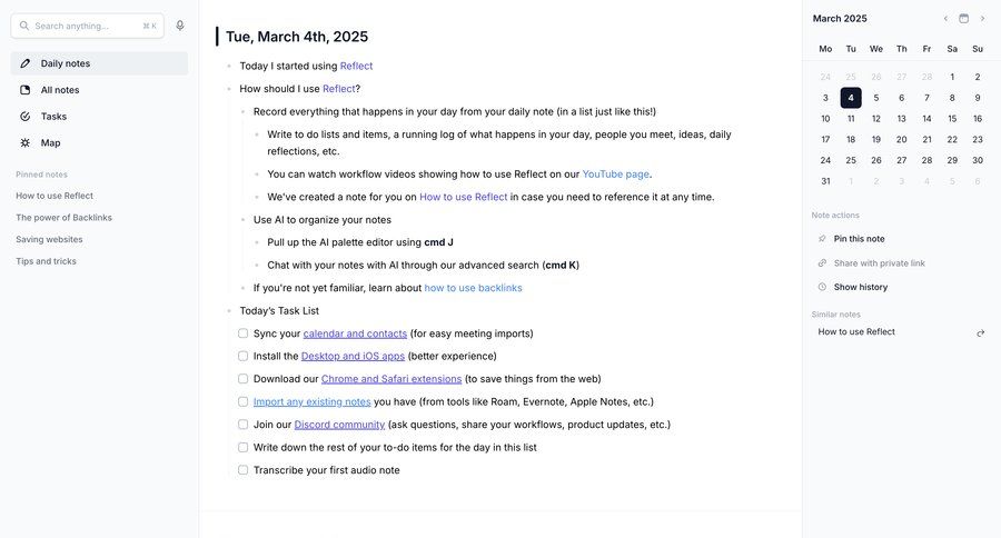 Reflect
			 task management sidebar navigation onboarding task completion note creation sidebar chrome extension advanced search ui page example