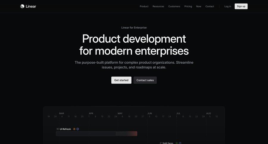 Linear
			product page feature enterprise testimonials issue tracking security compliance ui page example
