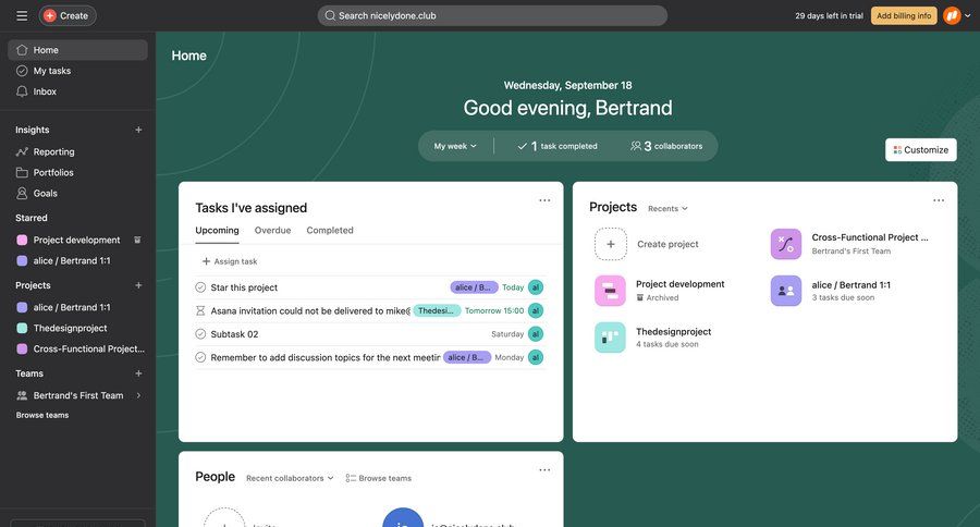 Asana
			 task management team collaboration dashboard sidebar navigation project management three-column grid rounded corners dropdown filters sidebar personal space menu ui page example