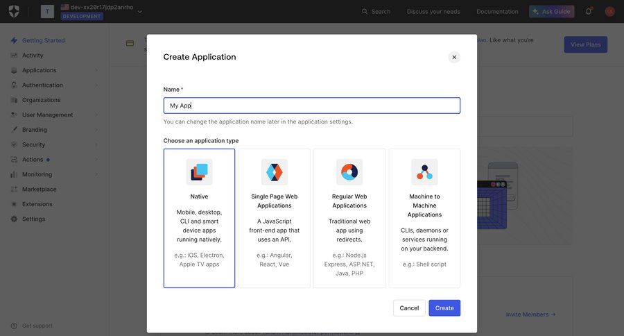 Auth0
			 configuration form application management getting started setup modern ui page example
