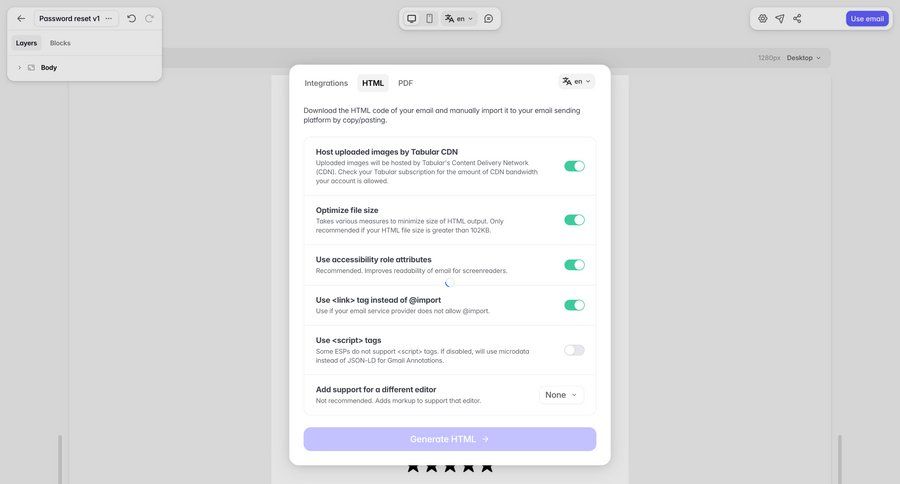 Tabular
			 configuration settings email generate ui page example