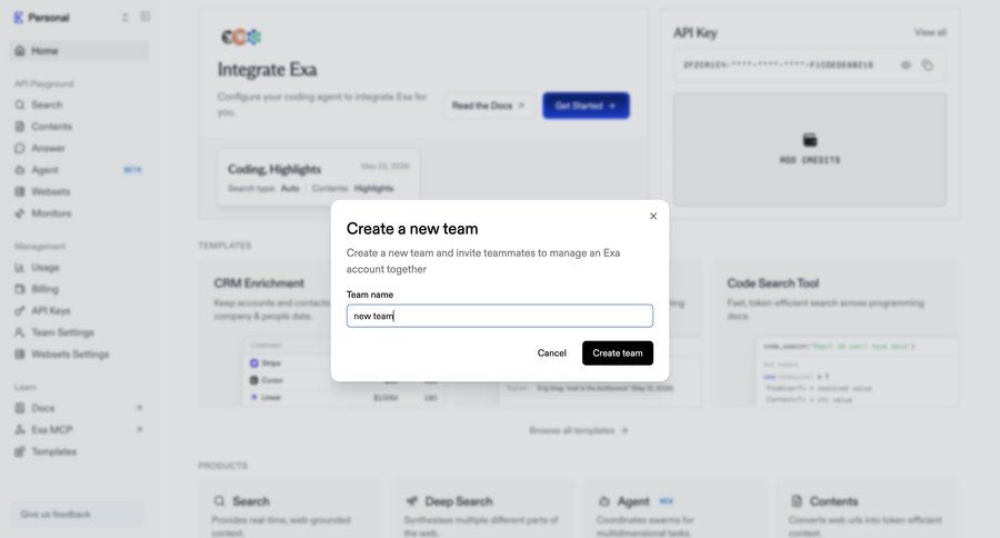 Exa
			 account management form modal dialog team creation setup team management developer portal ui page example