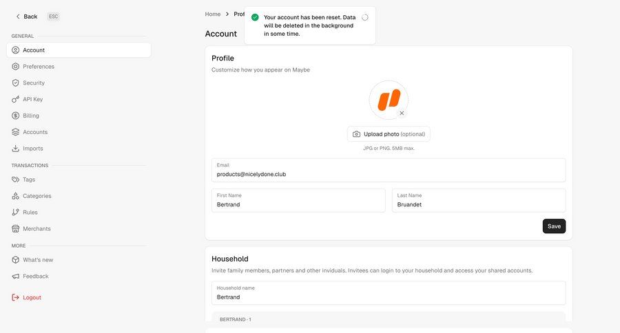 Maybe Finance
			 sidebar navigation account settings file upload ui ui page example