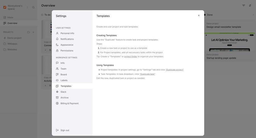 Workflow
			settings modal & popover templates settings project management user settings workspace settings templates template creation ui page example