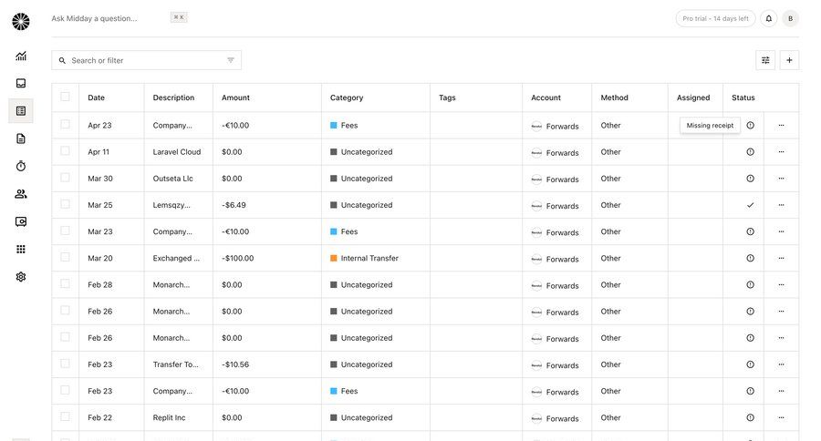 Midday
			 data management finance data display data entry expense management sidebar table review data grid ui page example