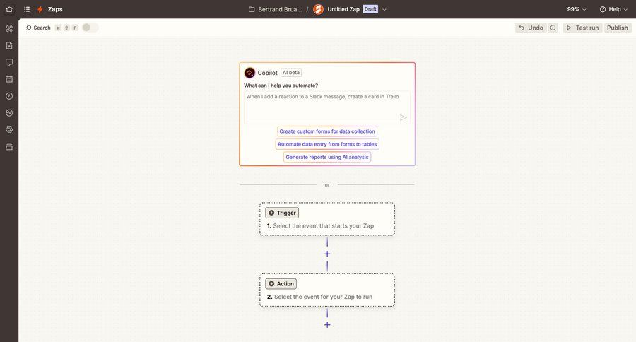 Zapier
			 configuration sidebar navigation workflow onboarding form automation editor workflow builder workflow creation full-screen layout drag and drop workflow configuration instructions workflow editor sidebar create integration ui page example