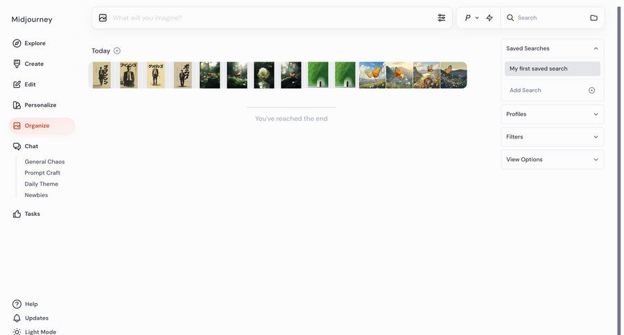 Midjourney
			 content management dashboard sidebar navigation artificial intelligence grid design full-screen layout sidebar navigation menu menu search filters image gallery search results ui page example