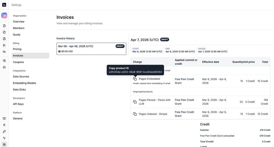 Llamaindex
			 billing history ui page example