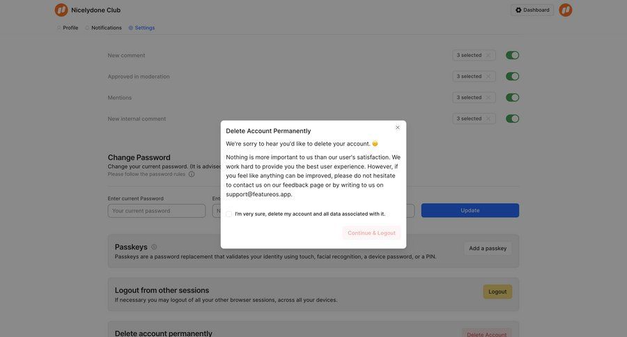 FeatureOS
			 settings account management form account settings account deletion password management security password update ui page example