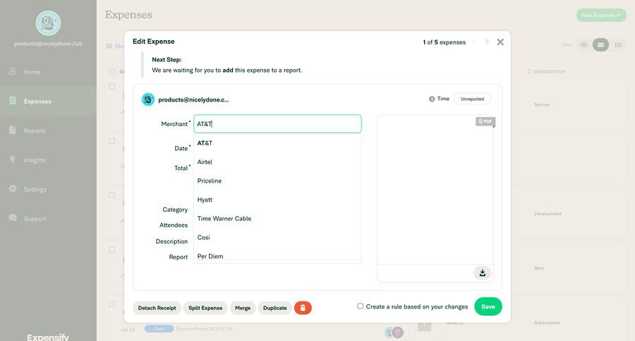 Expensify
			 modal screen form finance save changes data entry expense management merge duplicate ui page example