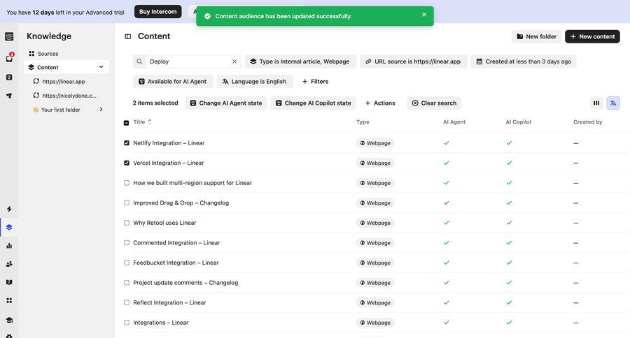 Intercom
			 content management sidebar navigation knowledge base bulk edit dropdown filters drag & drop sidebar alert create menu article modern table advanced search toast notification ui page example