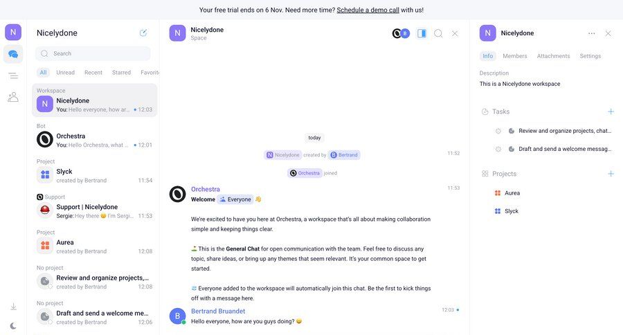 Orchestra
			 task management collaboration project management workspace management message communication chat menu ui page example