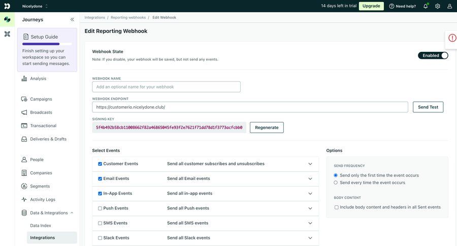 Customer.io
			 configuration settings sidebar navigation form sidebar alert integration modern event management ui page example