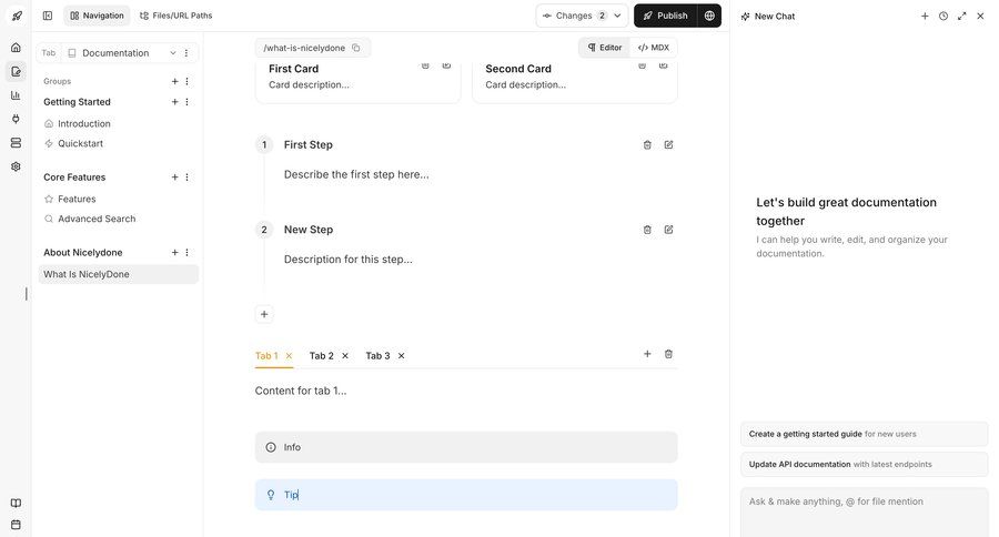 Documentation.AI
			 content management collaboration dashboard editor right sidebar three-column grid hierarchical navigation sidebar chat documentation modern accordion version control ui page example