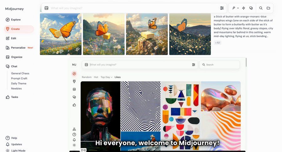 Midjourney
			 dashboard sidebar navigation artificial intelligence grid design full-screen layout video player menu progress bar search bar ui page example