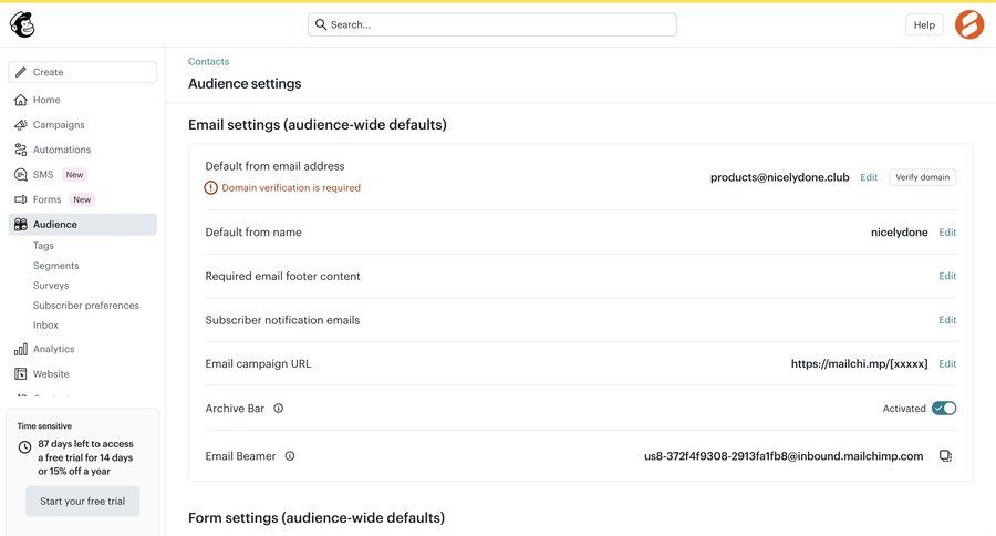 Mailchimp
			 configuration settings sidebar navigation onboarding automation list management audience management campaign management sidebar new modern analytics email marketing ui page example